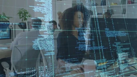 Female developer reaching for keyboard and coffee, typing while code overlay Stock Footage 331833333