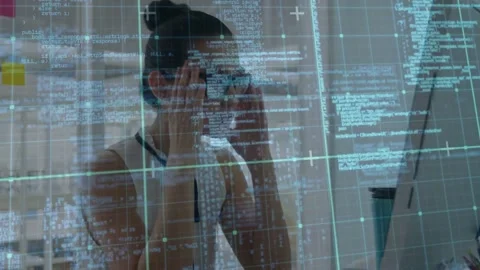 Female developer receiving diagnostics, leaning, rubbing temples analyzing code Stock Footage 332732557