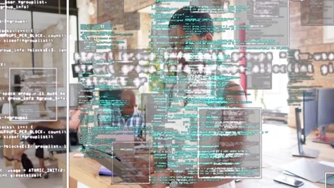Female developer tapping tablet, generating code overlays layering over team for Stock Footage 333169583