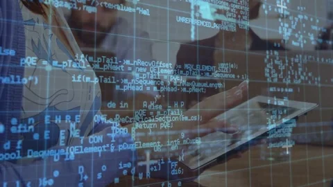 Female developer tapping tablet, making blue code grid scroll for review while 스톡 동영상 331270125
