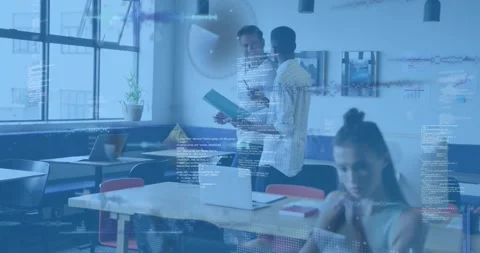 Female developer typing on laptop activating technology code overlays, coworkers Stock Footage 318046124