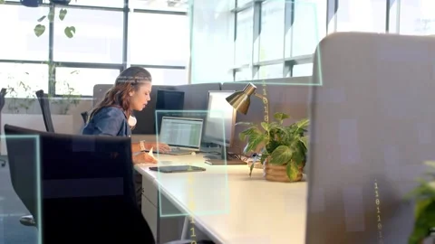 Female developer typing in tech, debugging code with overlays on monitors, Stock Footage 334465916