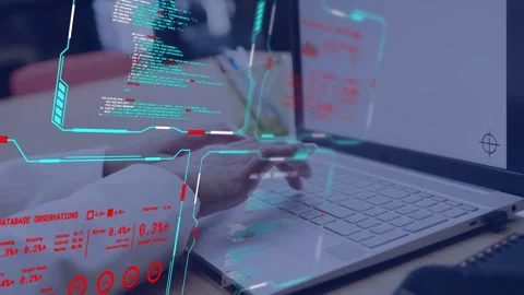 Female developer typing on white keys, activating HUD, hands shifting toward Stock Footage 333529007