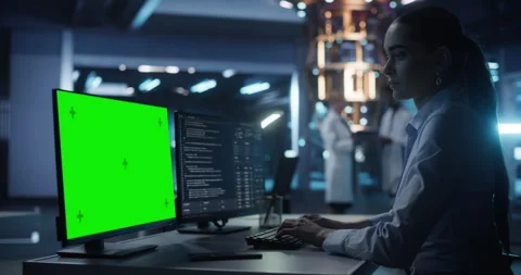 Female Developer Working on Computer with Green Screen Stock Footage 318967091