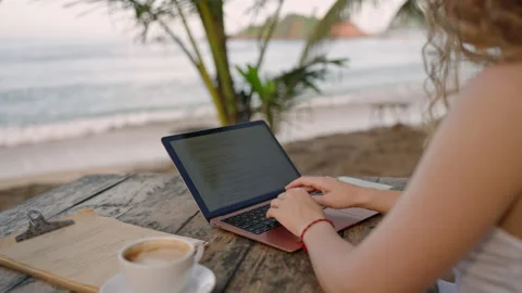 Female developer working on laptop by the ocean. Young woman freelancer coding Stock Footage 235518546
