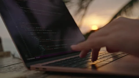 Female developer working on laptop by the ocean. Young woman freelancer coding Stock Footage 236673357