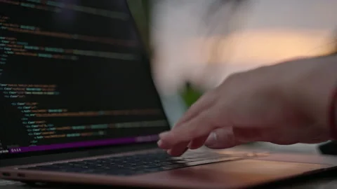 Female developer working on laptop by the ocean. Young woman freelancer coding Stock Footage 236710160