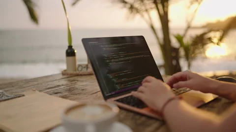 Female developer working on laptop by the ocean. Young woman freelancer coding Stock Footage 237581338