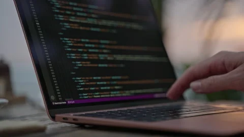 Female developer working on laptop by the ocean. Young woman freelancer coding Stock Footage 240651602