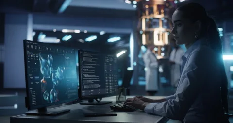 Female Developer Working on Molecular Modelling on Computer Stock Footage 318967132