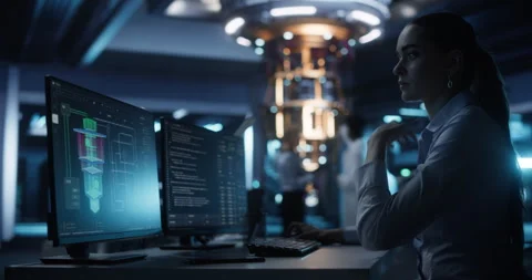 Female Developer Working on Quantum Computer Research on PC Stock Footage 318967082