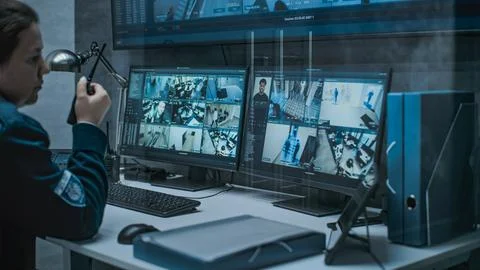 Female dispatch or CCTV operator works on computer in monitoring center 스톡 사진