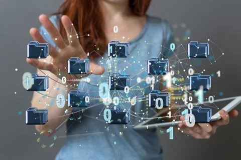 Female displaying a database cloud technology - integrated digital web concept Stock Photos