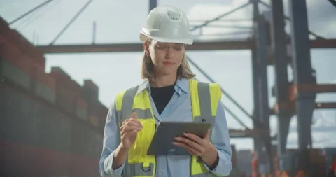 Female Dock Port Worker Uses Digital Tablet In Shipping Terminal Stock Footage 321130330