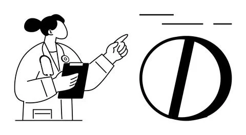 Female Doctor Explaining Medication Using a Large Pill Graphic Stock Illustration