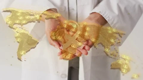 Female doctor holding ribbon as map overlay appearing over hands pulsing and Stock Footage 335235853