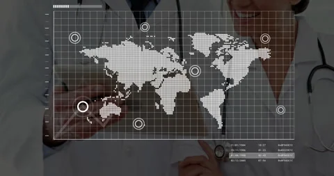 Female doctor tapping tablet recalling world map as male doctor pointing rising Video stock 312898493