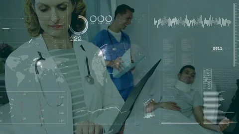 Female doctor tapping tablet while nurse checking medical patient, HUD appearing Video stock 329751574