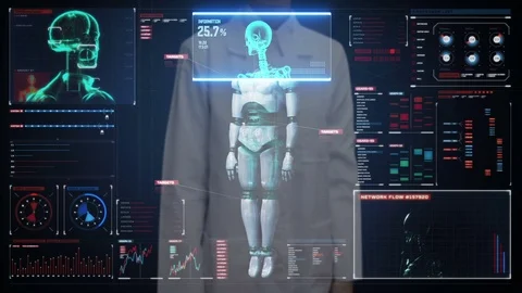 Female doctor touching  screen, human skeletal structure inside Robot Stock Footage