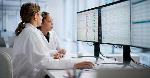 Female Doctor Using Computer Screen To Manage Hospital Billing Process. 库存照片