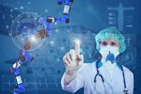 Female doctor working on computer diagnostics and analysis. Innovative Stock Photos