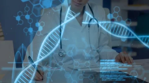 Female doctor writing paperwork while tapping tablet, initiating sliding DNA Stock Footage 332577829