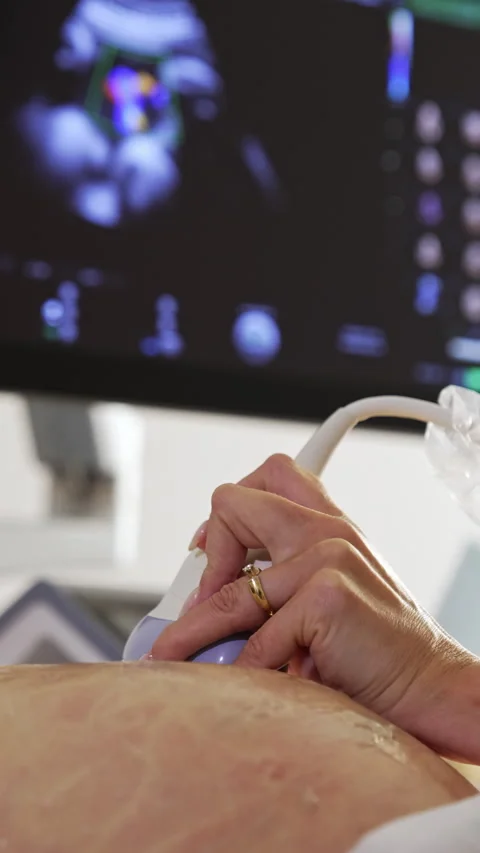 Female doctor's hand moving the sensor by the big pregnant belly. Stock Footage 313110633