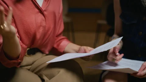 Female Drama Students Rehearsing Script for Theater Play Stock Footage 344518888