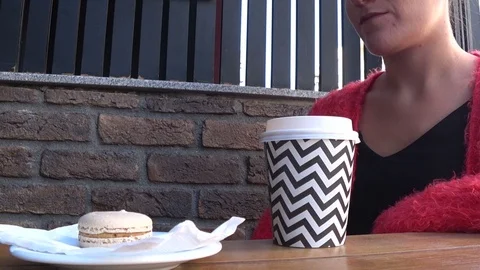 Female Drinking Coffee at Cafe 4 Stock Footage 94012368