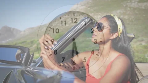Female driver adjusting sunglasses preparing to drive on mountain road, clock Stock Footage 332281974