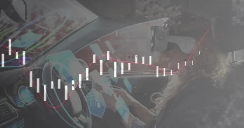 Female driver with ARVR headset tapping tablet in car swiping summoning Видео 319681832