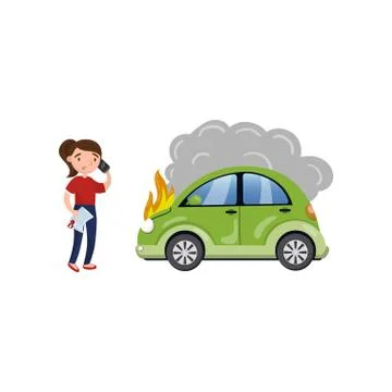 Female driver calling for help after car accident, burning car, car insurance Stock Illustration