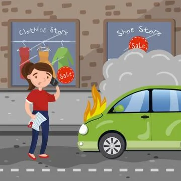 Female driver calling for help after car accident, burning car, car insurance Stock Illustration