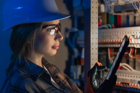 Female electrical engineer inspecting power system on tablet. Digital techn.. Stock Photos