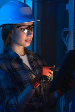 Female electrical engineer using tablet near industrial switchboard. Digita.. Stock Photos