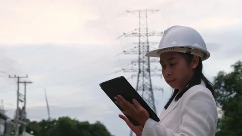 Female electrical engineer working on tablet inspecting power grid. Vídeos de archivo 204971019