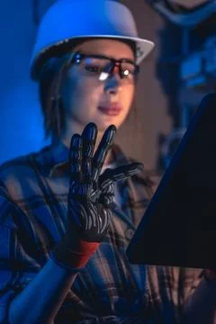 Female electrical engineer working with tablet during system inspection. Di.. 스톡 사진