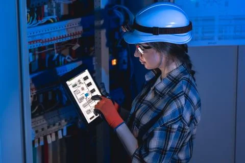 Female electrical engineer working with tablet near switchboard. Industrial.. Foto stock