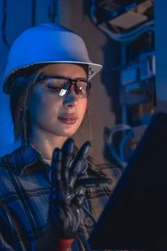 Female electrician checking electrical system with tablet device. Engineeri.. Stock Photos