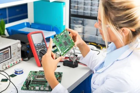 Female electronic engineer checking circuit board in laboratory Stock Photos