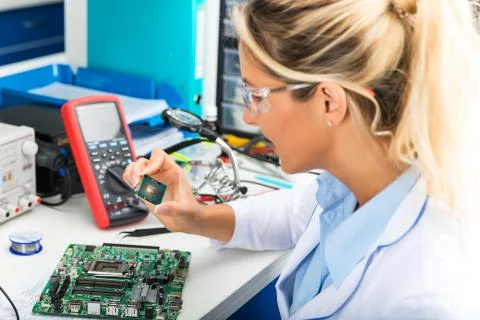 Female electronic engineer checking CPU microchip in laboratory Stock Photos