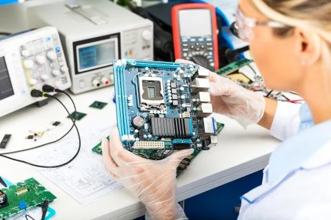 Female electronic engineer examining computer motherboard in laboratory Stock Photos