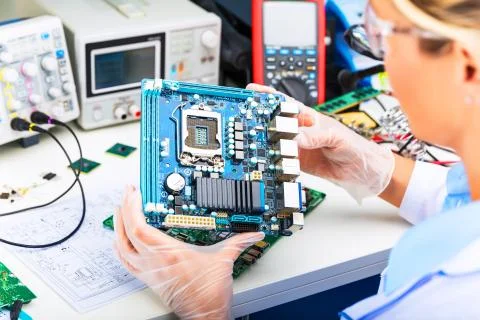 Female electronic engineer examining computer motherboard in laboratory Stock Photos
