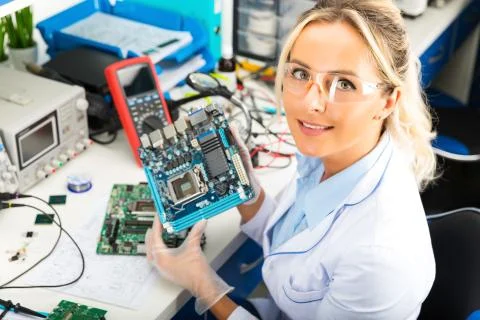Female electronic engineer holding computer motherboard in hands in the labor Stock Photos