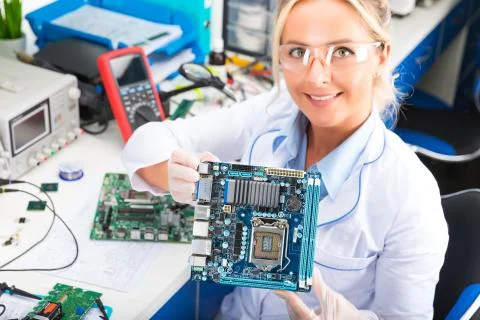 Female electronic engineer holding computer motherboard in hands in the labor Stock Photos