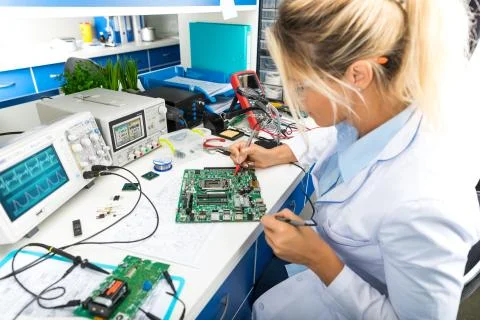 Female electronic engineer testing computer motherboard in laboratory Stock Photos