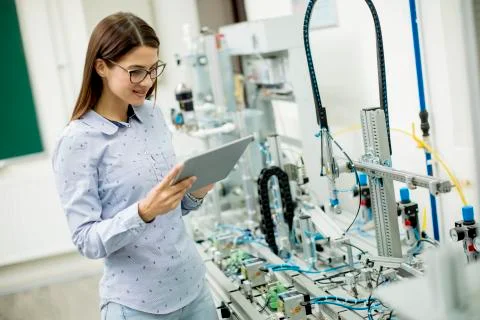 Female electronic engineer using  digital tablet  in the laboratory Stock Photos