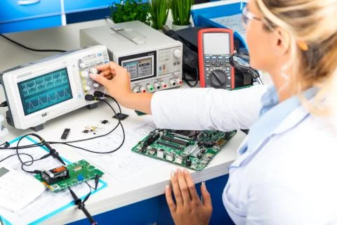 Female electronic engineer using oscilloscope in laboratory Stock Photos