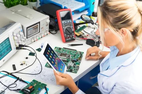 Female electronic engineer using tablet computer in laboratory Stock Photos