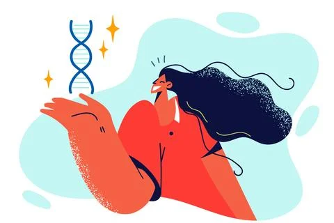 Female employee of genetic laboratory holds DNA spiral inviting to take analysis Stock-Illustration
